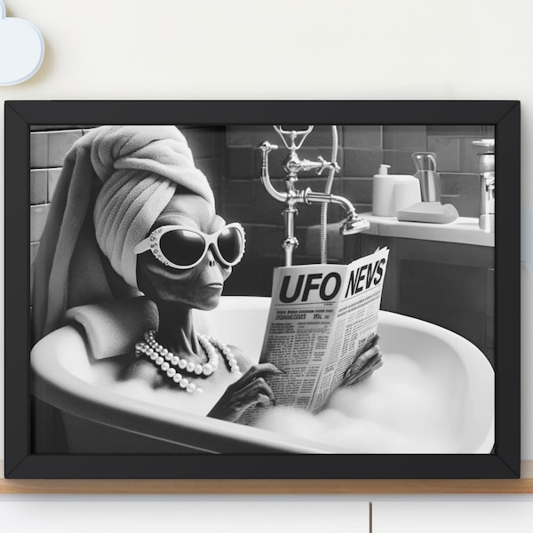 Arte de pared imprimible con un extraterrestre remilgado en la bañera, impresión decorativa para el baño, decoración de baño infantil, regalo minimalista para amantes del espacio #BR273