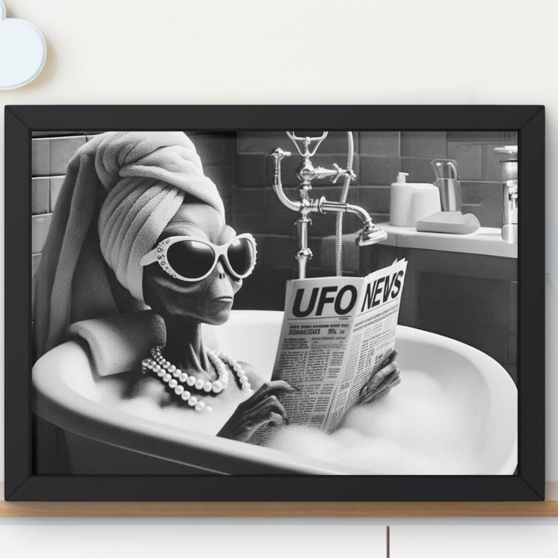 May include: A black and white photo of an alien wearing sunglasses and a towel on their head, relaxing in a bathtub and reading a newspaper titled "UFO NEWS".