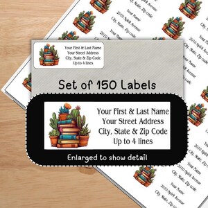Cactus Book Stack Address Labels, Return Mailing Stickers, Flower Succulent Reading, Avid Reader Tags personalized for cards, stationary