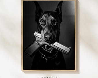 Impresión digital de un perro dóberman con pistola, póster imprimible de estilo urbano con temática de gánster, arte mural con pistola Glock de 9 mm, Dobie, Doberman Pinscher, #GXV1GTQ