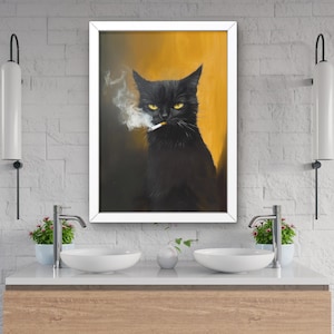 Puede incluir: Una pintura enmarcada de un gato negro con un cigarrillo en la boca. El gato mira directamente al espectador con una expresi&oacute;n seria. El fondo es de color amarillo-naranja.