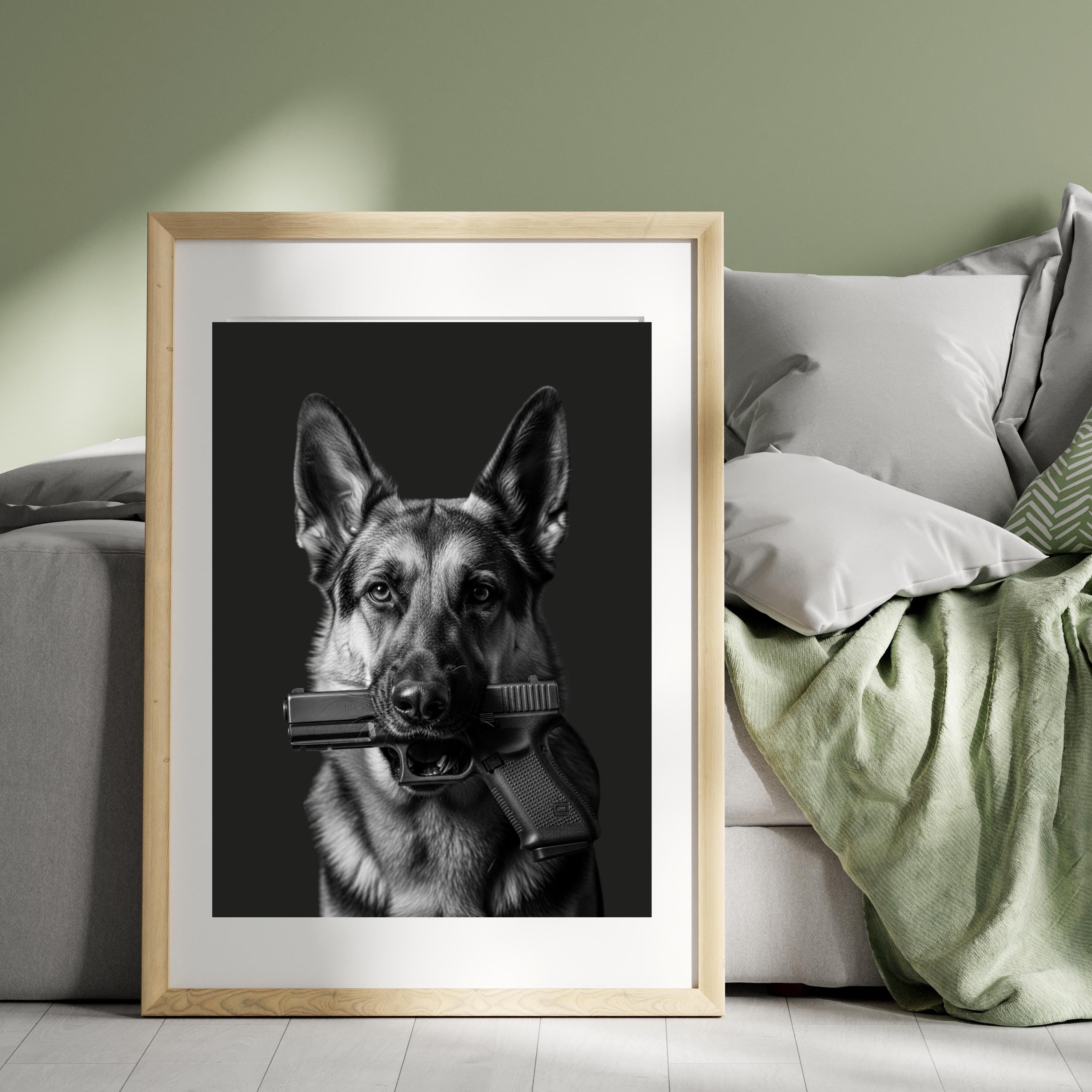 German Shepherd Dog With Gun Print, Digital Print, Urban Dog