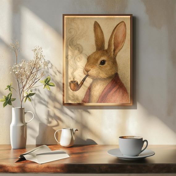 Rabbit Painting, Bunny Smoking a Pipe, Hare Wall Art, Funny Animal Print,  Bathroom Wall Art, Unique Gift, #PDJ121