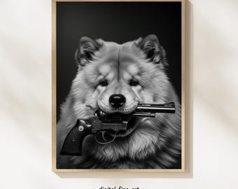 Chow Chow-hond met geweerprint, digitale print, stedelijke hond afdrukbare gangsterposter, revolver pistool kunst aan de muur, #GV2TQ