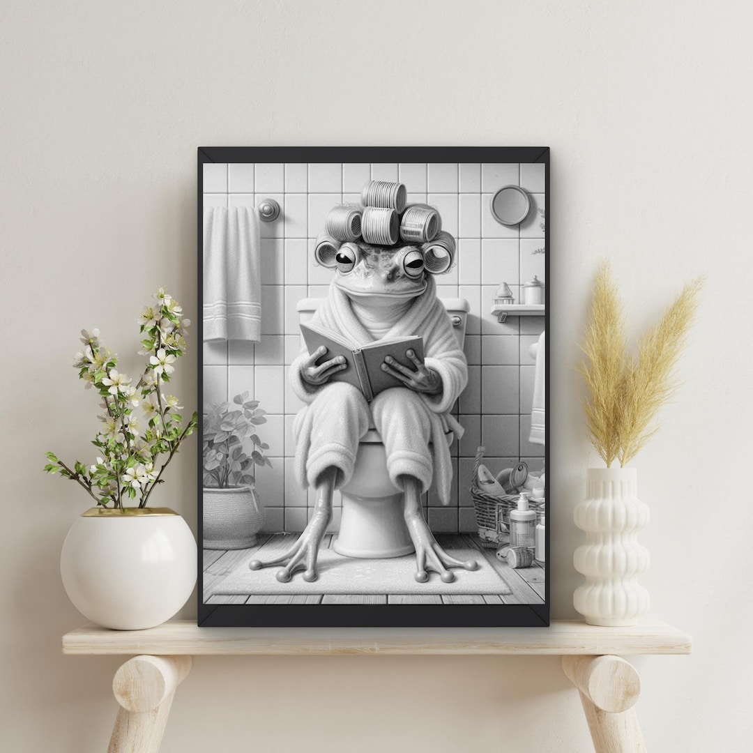 Frog in Bathroom Wall Art, Frog on Toilet Reading Book, Funny Animal ...