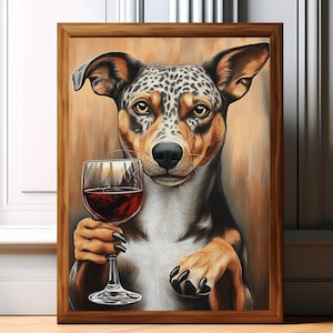Catahoula ヒョウ犬キッチンウォールアート、ワインを飲む犬のプリント、アルコールバーカートの装飾、新築祝いのギフト、ミニマリストポスター、ユニーク #AL57