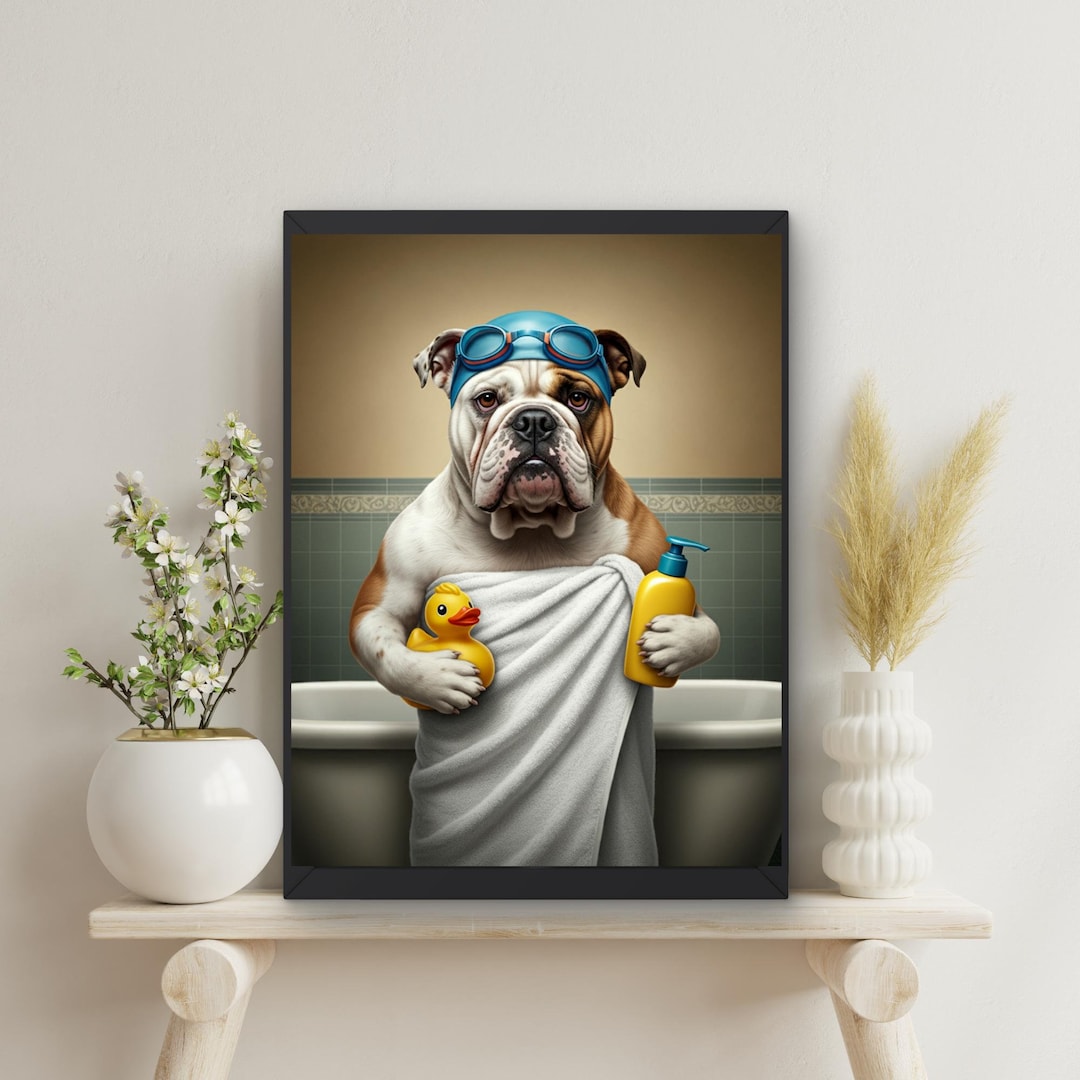 English Bulldog Bathroom Wall Art Dog in Towel With Rubber Duck and ...