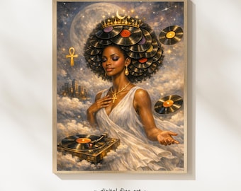 Vinyl Queen Afro Art Print – Afrocentric Black Woman Portrait with Record Hair – Retro Music Lover Digital Download #HKLL00S