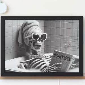 Prissy Skeleton in Tub Bathroom Wall Art, Skelly Taking a Bath reading newspaper, Guest bath decor, Halloween housewarming gift #AA1141