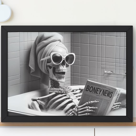 Prissy Skeleton in Tub Bathroom Wall Art, Skelly Taking a Bath reading newspaper, Guest bath decor, Halloween housewarming gift #AA1141