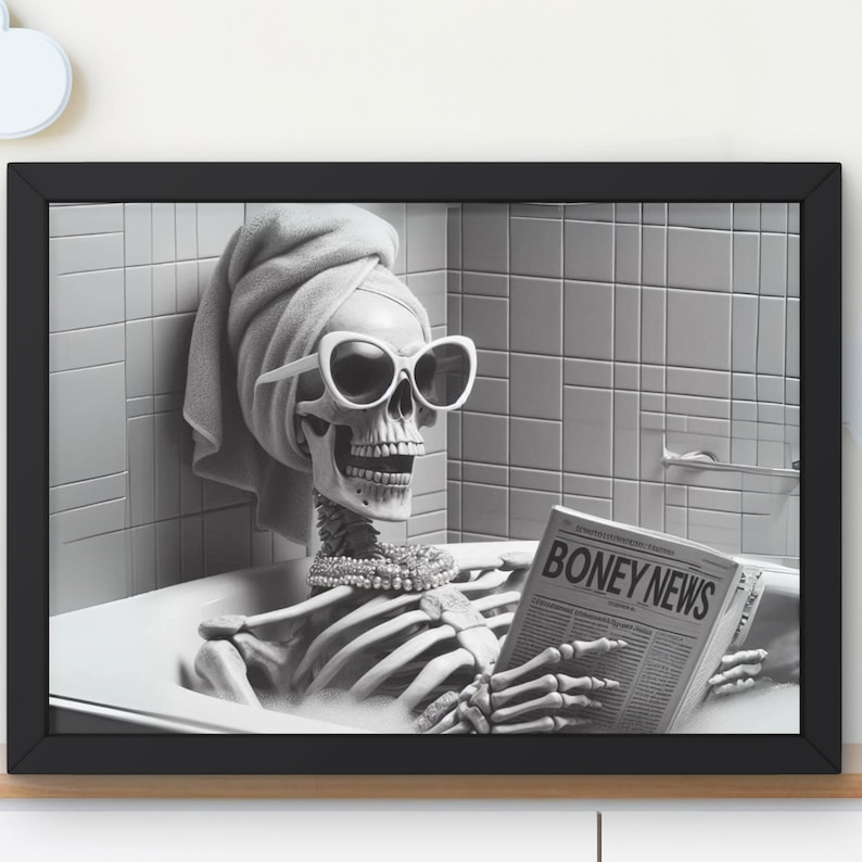 Prissy Skeleton in Tub Bathroom Wall Art, Skelly Taking a Bath reading newspaper, Guest bath decor, Halloween housewarming gift #AA1141