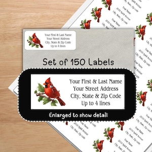 Set of 150 Beautiful Red Cardinal Bird  Return Mailing Address Labels Personalized up to 4 lines  1 x 2 5/8