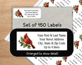 Set of 150 Beautiful Red Cardinal Bird  Return Mailing Address Labels Personalized up to 4 lines  1 x 2 5/8