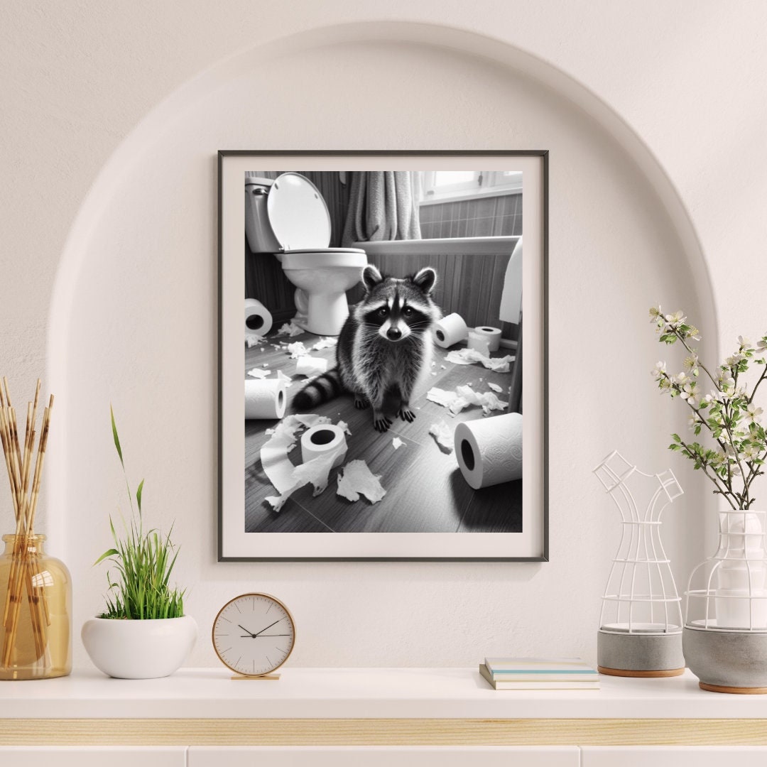 Bad Raccoon Wall Art, Bathroom Print, Raccoon With Toilet Paper Mess ...