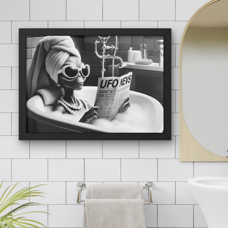 May include: Black and white photo of an alien in a bathtub reading a newspaper titled "UFO NEWS".
