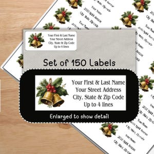 May include: Set of 150 address labels with a festive Christmas bell design. Each label features gold bells, holly, and red berries. The labels include space for name, address, and city information.