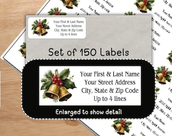 Etiquetas navideñas de Holly Berry Bells para direcciones, pegatinas de devolución para correo, etiquetas personalizadas, papelería, etiquetas de regalo, sobres