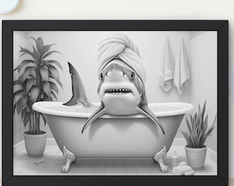May include: A black and white illustration of a shark in a bathtub with a towel on its head. The shark is looking at the camera. There are plants in the background.