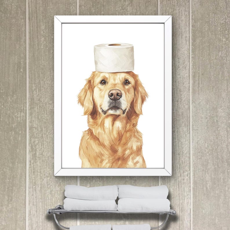 May include: A watercolor painting of a golden retriever with a toilet paper roll on its head. The dog is looking directly at the viewer with a serious expression. The painting is framed in a white frame.