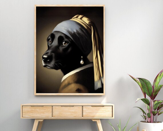 ブラックラブラドールのウォールアート、「真珠の耳飾りの少女」の