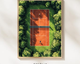 Vue aérienne d'un court de tennis, match de tennis masculin, téléchargement numérique, décoration murale sportive, #RTR91Q24