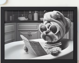 May include: A black and white photograph of a dog wearing a towel on its head, sunglasses, and a pearl necklace. The dog is sitting in a bath and reading a newspaper that says "Dog News".