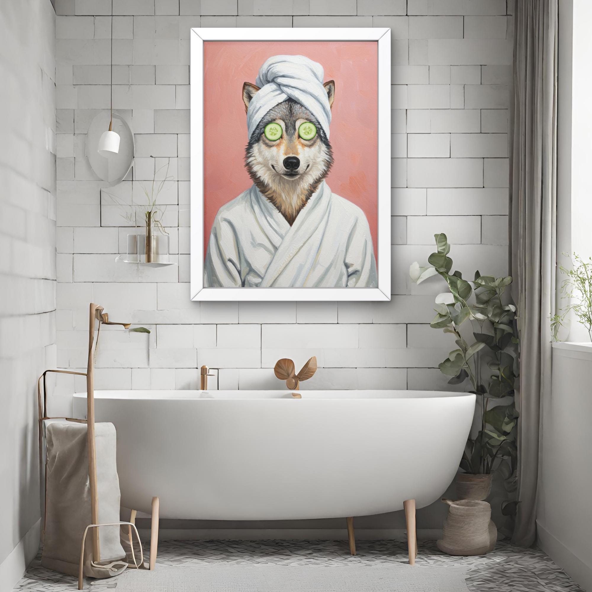 Wolves Bath Wolf Bathroom Spa Wall Art, Wolf in Bathrobe Print, Woodland Animal ...