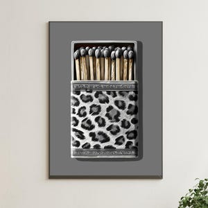 Grijze luipaardprint matchbook kunst aan de muur, slaapzaal girly esthetische print, lucifers, luciferdoosje trendy glamour poster, Cheetah bar cart decor #AL11