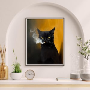 Cuadro de gato negro, gato fumando un cigarrillo, arte mural de gato, impresión para amantes de los gatos, retrato de gato, regalo único, cuadro de gatito negro, n.° P121 imagen 10