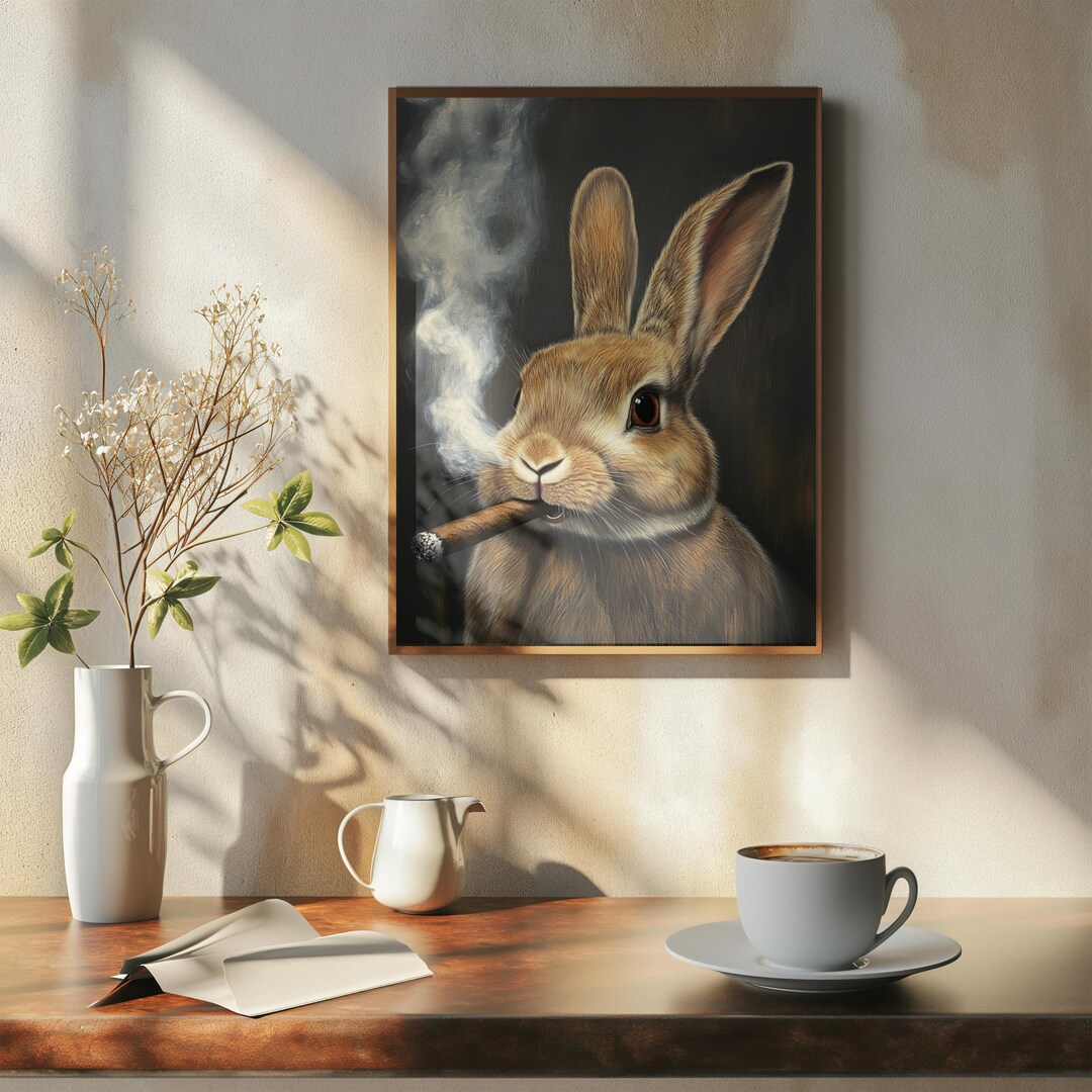 Rabbit Painting, Bunny Smoking a Cigar, Hare Wall Art, Funny Animal ...
