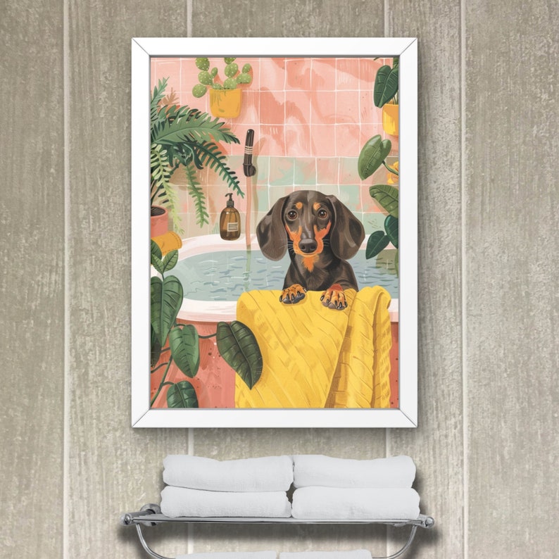 Dachshund Dog in Bathtub Printable Wall Art, Weenie Dog Taking a Bath ...