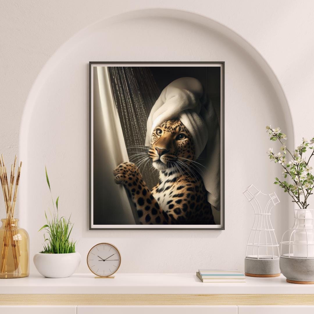 Leopard Bathroom Wall Art, Big Cat Peeking Out of Shower Curtain