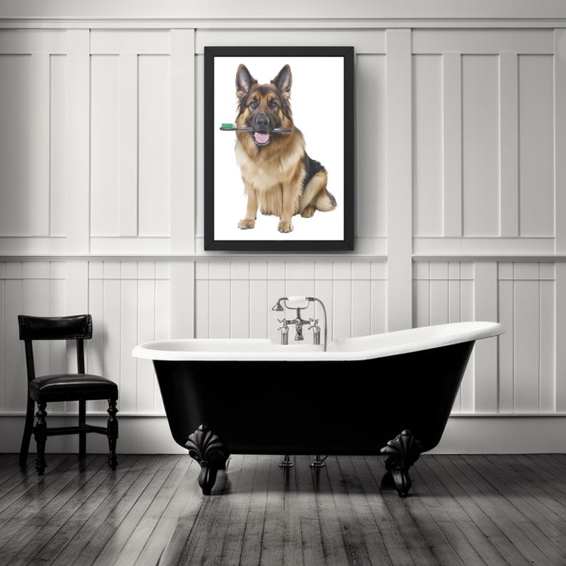 German Shepherd Dog Bathroom Wall Art Brushing Teeth Bathroom Art Print