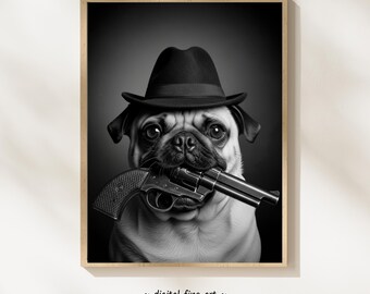 Mopshond met pistoolprint, digitale print, stadshond afdrukbare gangsterposter, afdrukbare gangsterposter, revolver geweer kunst aan de muur, 2e amendement #G7V1TQ