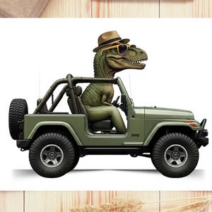 Dino T-Rex Driving Jeep Wall Art, Printable Download, Boys Room, Playroom Print, Dinosaur Art Decor, dinosaur lovers gift #H07