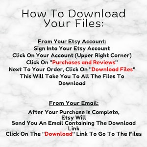 Puede incluir: Texto blanco sobre fondo de m&aacute;rmol con instrucciones sobre c&oacute;mo descargar archivos digitales de Etsy. El texto dice "C&oacute;mo descargar tus archivos: Desde tu cuenta de Etsy: Inicia sesi&oacute;n en tu cuenta de Etsy Haz clic en tu cuenta (esquina superior derecha) Haz clic en "Compras y rese&ntilde;as" Junto a tu pedido, haz clic en "Descargar archivos" Esto te llevar&aacute; a todos los archivos para descargar Desde tu correo electr&oacute;nico: Una vez que tu compra est&eacute; completa, Etsy te enviar&aacute; un correo electr&oacute;nico con el enlace de descarga Haz clic en el enlace "Descargar" para ir a los archivos"