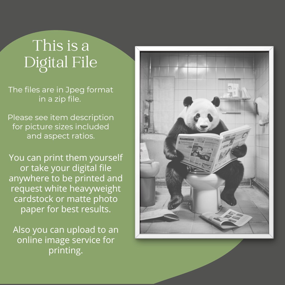 Panda Bear on Toilet Print: Funny Bathroom Wall Art, Reading Newspaper ...