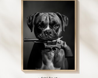 Boxerhond met geweerprint, digitale print, stedelijke hond afdrukbare gangsterposter, afdrukbare gangsterposter, revolver geweer kunst aan de muur, #G761TQ