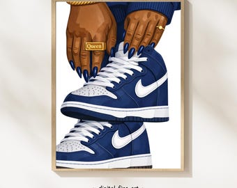 Printable Black Woman Sneaker Art, Fashion Sneakerhead Print Blue Aesthetic Art Melanin Wall Art Black Girl Décor, Digital Download #PJJL33Y