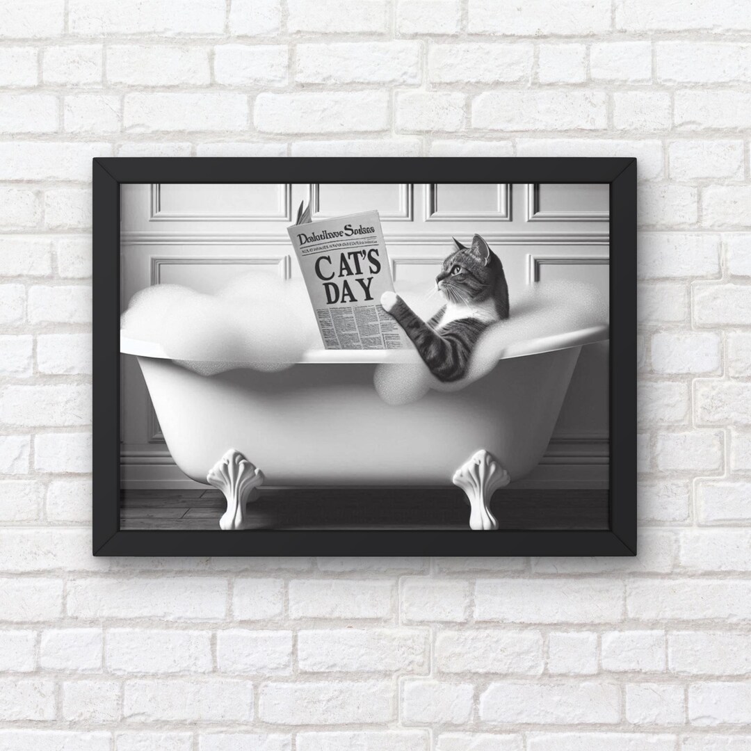 Tabby Cat in Bathtub Printable Wall Art, Cat Taking a Bath in Tub Print ...