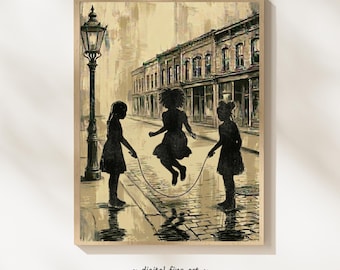 Black Excellence Art Print: Vintage Afrocentric Girls Jumping Rope Wall Art, Digital Download, Jump rope, Black Culture Heritage #GGY11
