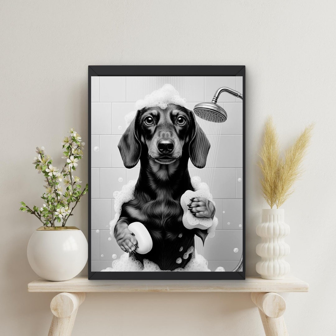 Dachshund Dog Bathroom Wall Art | Dog Taking a Shower | Weenie Dog Soap ...