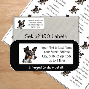 May include: A set of 150 address labels featuring a black, white, and brown dog. Each label includes space for the recipient's name, address, and city, state, and zip code. The text "Enlarged to show detail" is also visible.