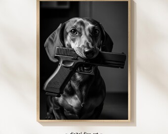 Teckelhond met geweerprint, digitale print, stadshond afdrukbare gangsterposter, afdrukbare gangsterposter, 9 mm Glock Gun-muurkunst, #GV2TB