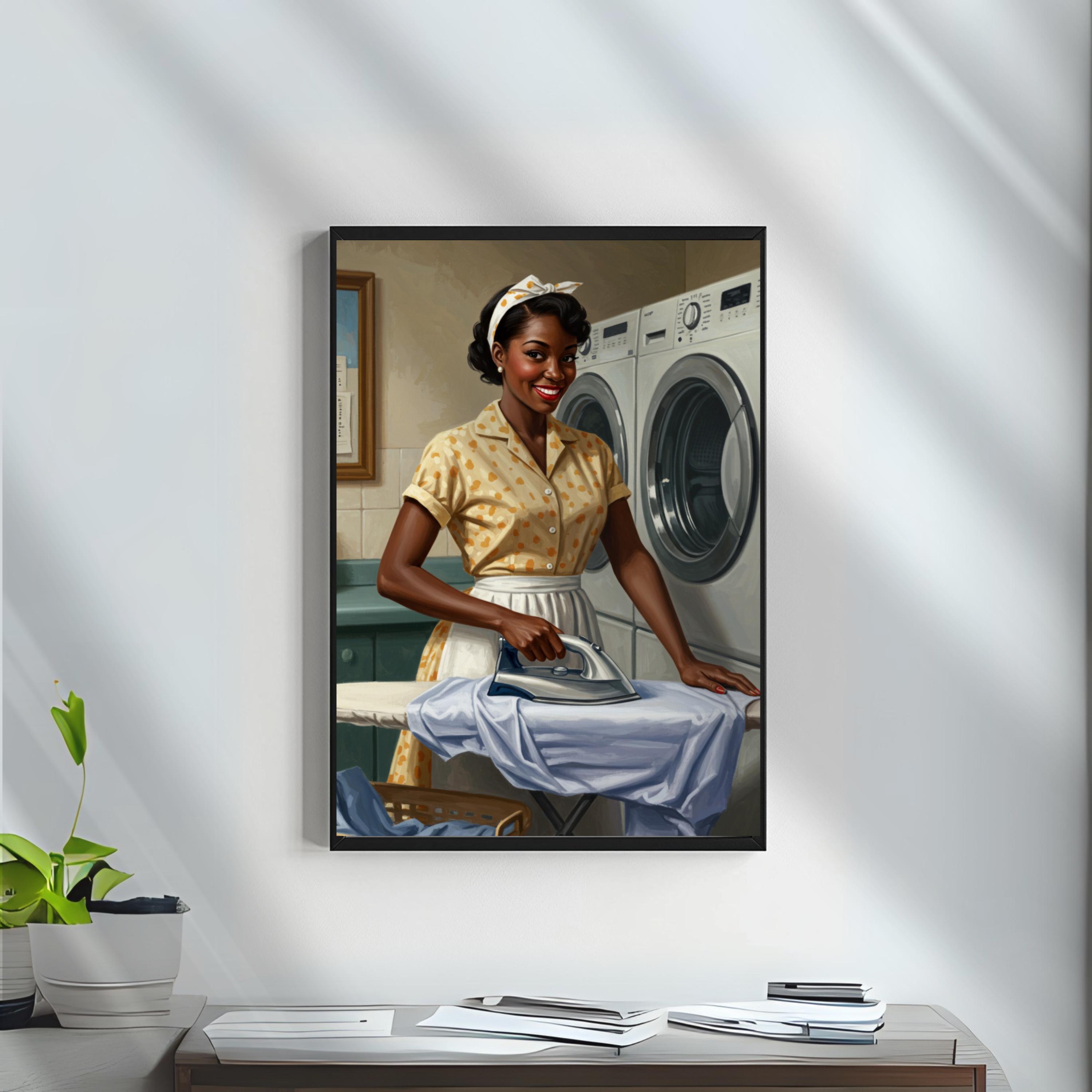 1950年代の洗濯日アートプリント：黒人女性の主婦、ミッドセンチュリー