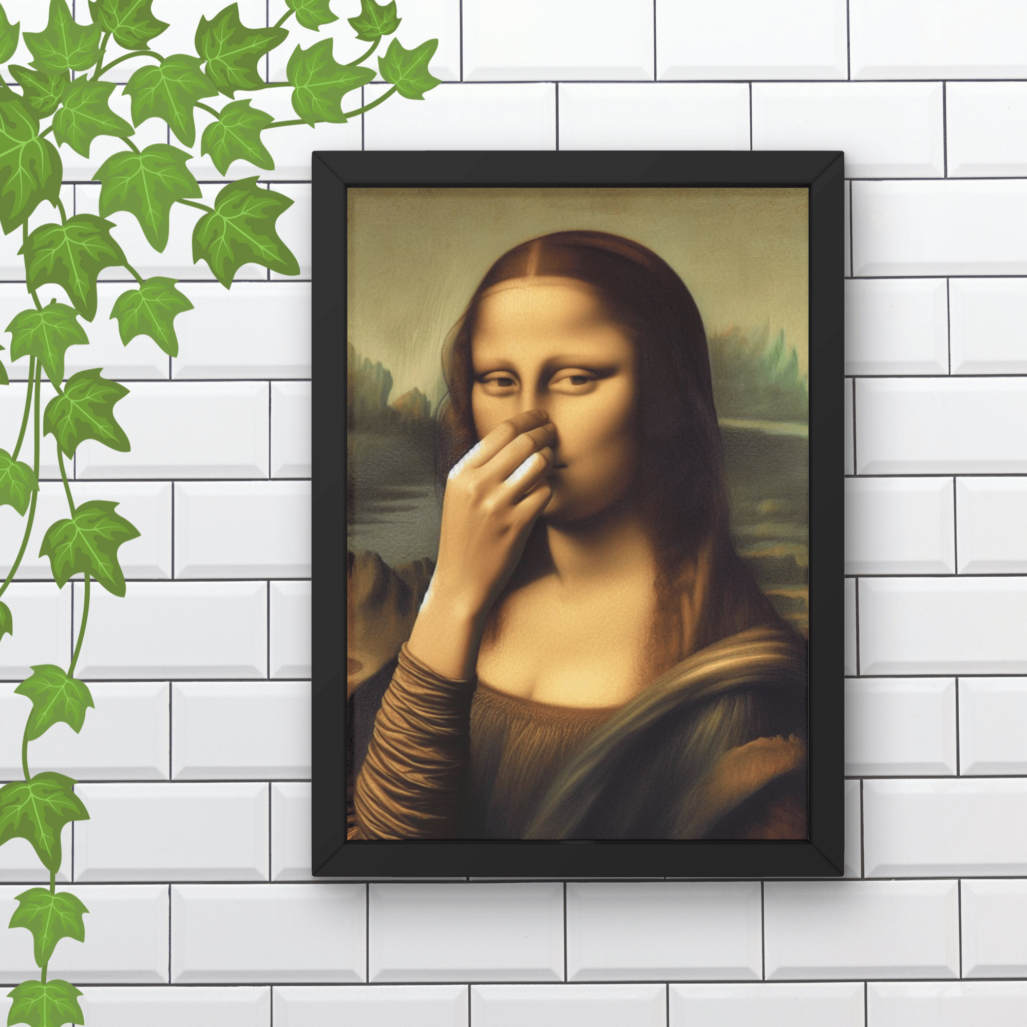 Tableau Déco Toile Joconde Qui Se Bouche Le Nez - 70x100 Cm, Humour Salle De Bain, Toile Tendue Sur Cadre Bois