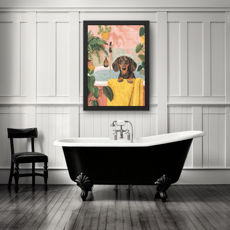 Dachshund Dog in Bathtub Printable Wall Art, Weenie Dog Taking a Bath ...