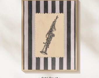 Vintage stempel, kunst aan de muur klarinet: cadeau voor muziekliefhebbers, gestreept zwart-wit, decor houtblazers, muzikale print, muzikant #M90W24