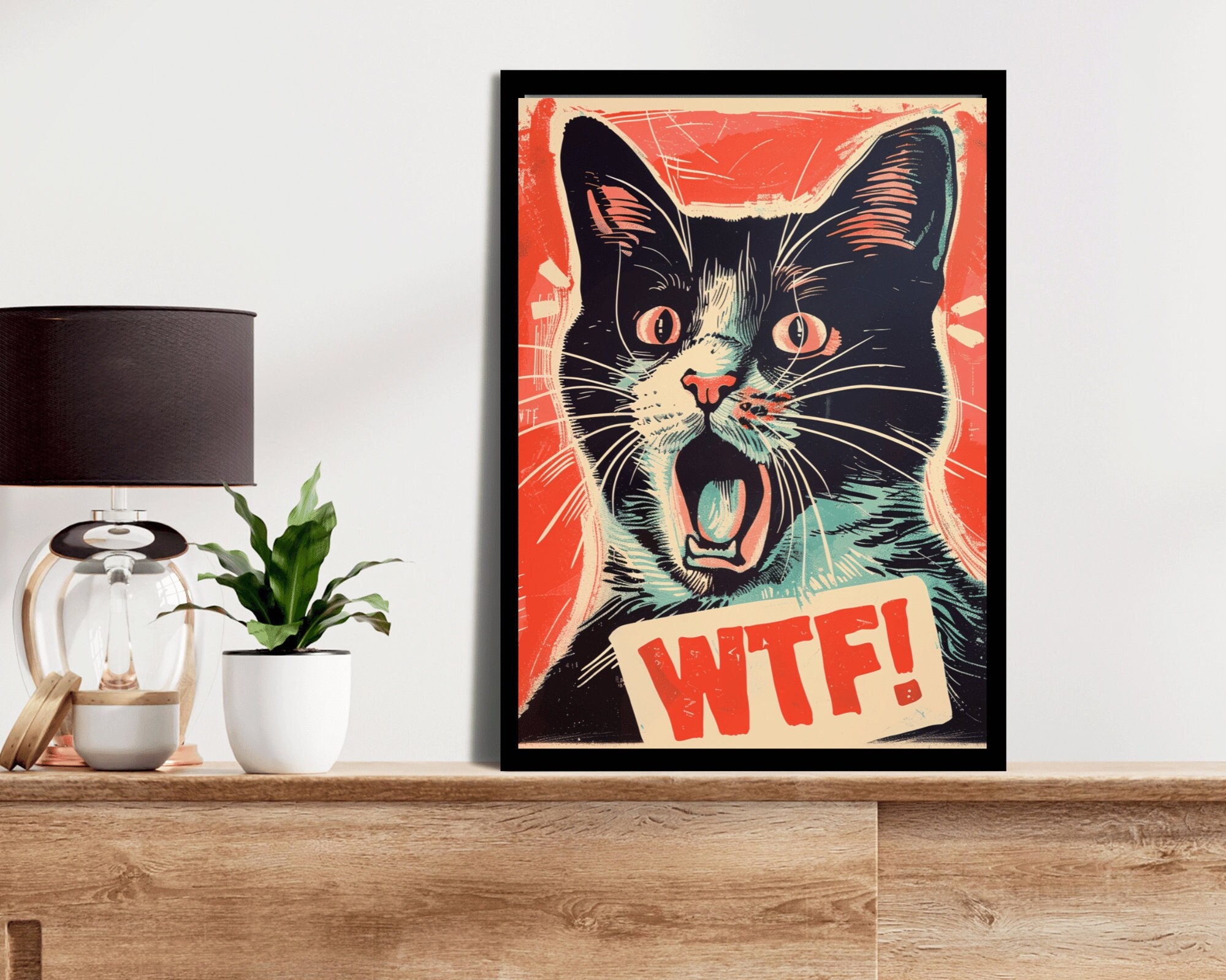 Vintage Retro Style WTF Tabby Cat Poster Wall Art Print, Home