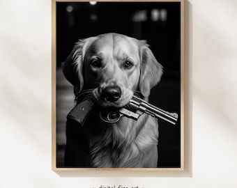 Golden retrieverhond met geweerprint, digitale print, stedelijke hond afdrukbare gangsterposter, revolver pistool kunst aan de muur, 2e amendement #G1V1TQ